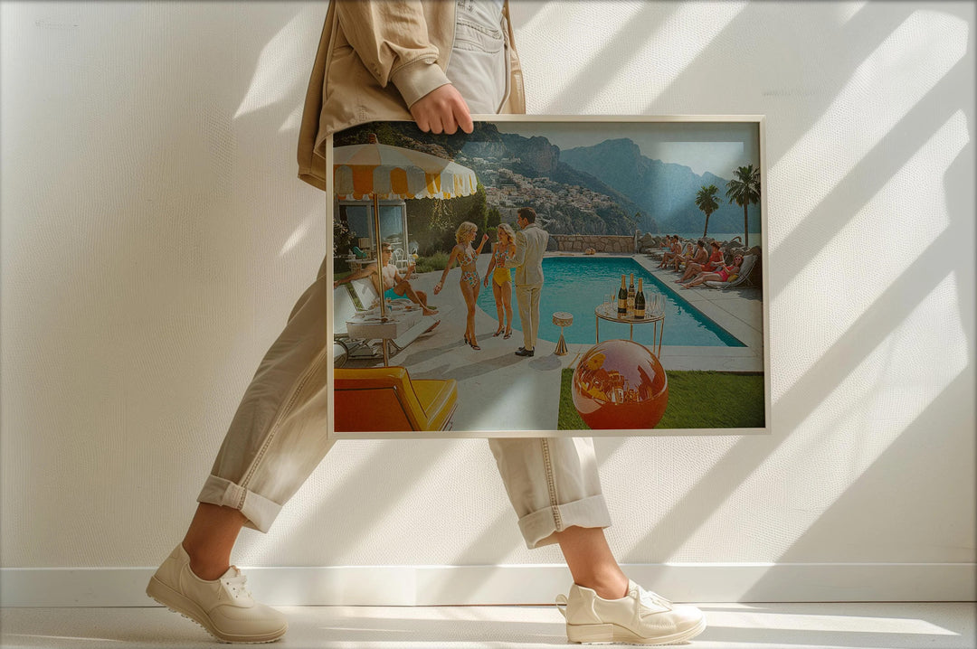 La Dolce Vita Poolside Party Retro Print,gallery wall,white border