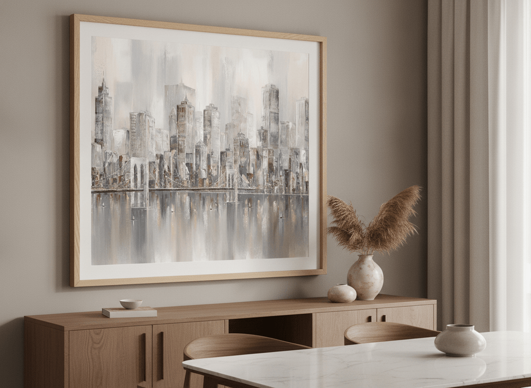 Wall art styled above a dining table in a contemporary home