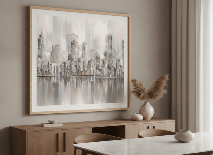 Wall art styled above a dining table in a contemporary home