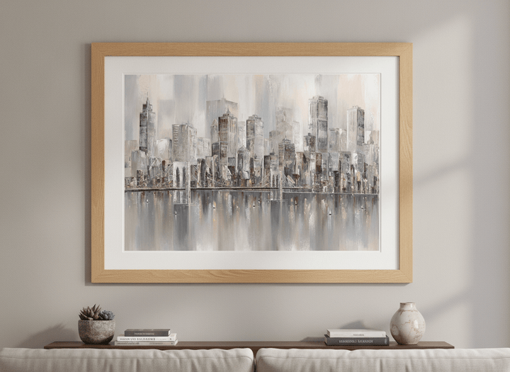 Modern wall art styled above a sofa in a neutral living room