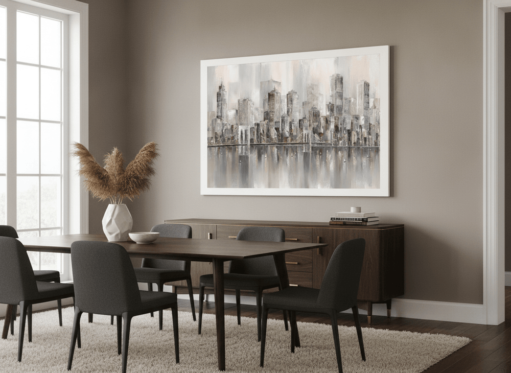 Monumental artwork centred on a feature wall in a luxe interior