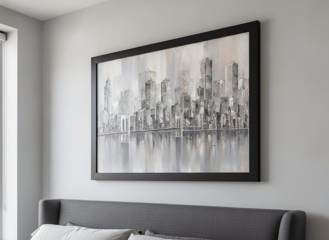 Minimalist artwork displayed in a calm, light-filled bedroom interior