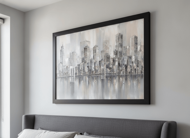 Minimalist artwork displayed in a calm, light-filled bedroom interior
