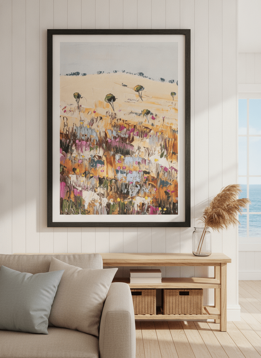 Neutral wall art displayed in a sunny coastal beach house