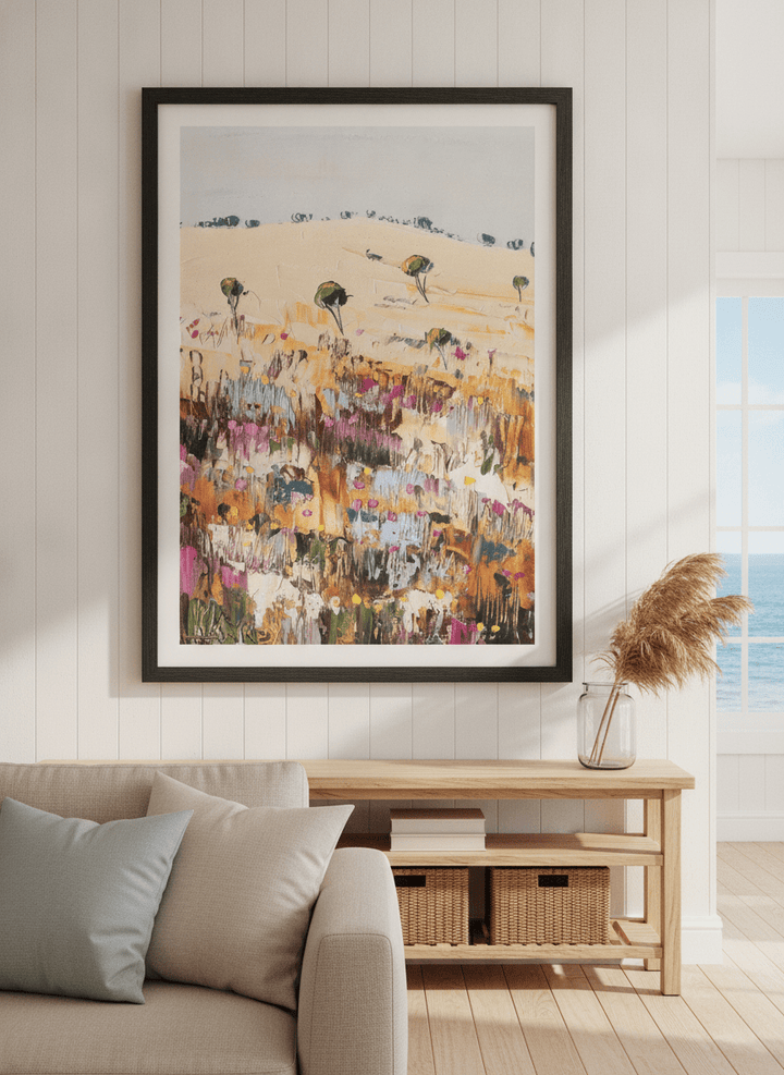 Neutral wall art displayed in a sunny coastal beach house