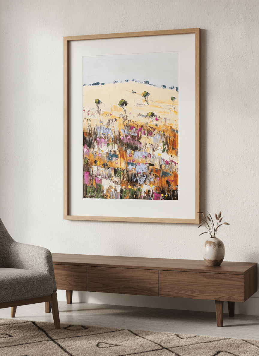 Modern wall art styled above a sofa in a neutral living room