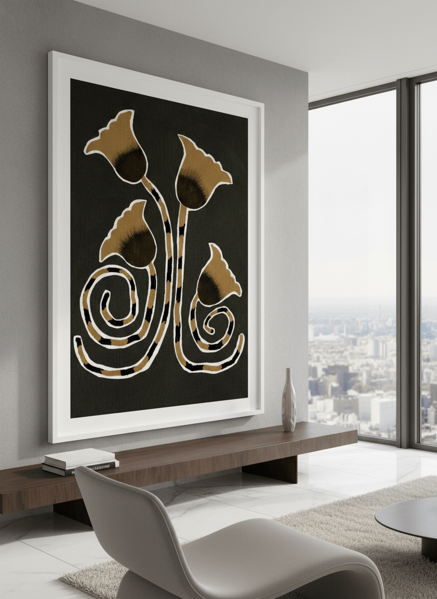 Monumental artwork centred on a feature wall in a luxe interior
