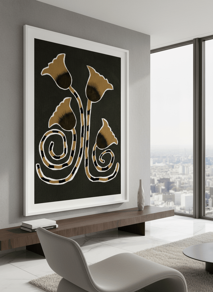Monumental artwork centred on a feature wall in a luxe interior