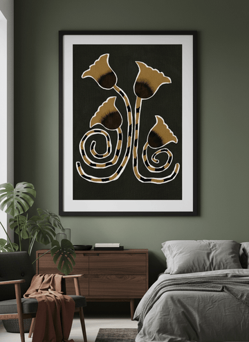 Minimalist artwork displayed in a calm, light-filled bedroom interior