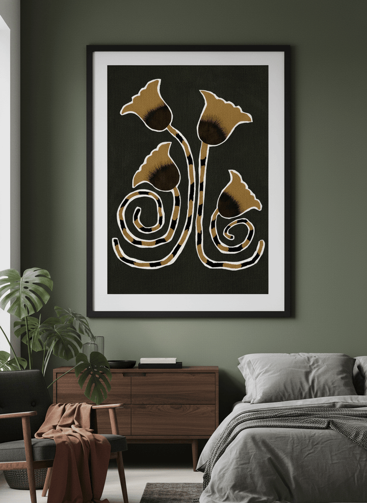 Minimalist artwork displayed in a calm, light-filled bedroom interior