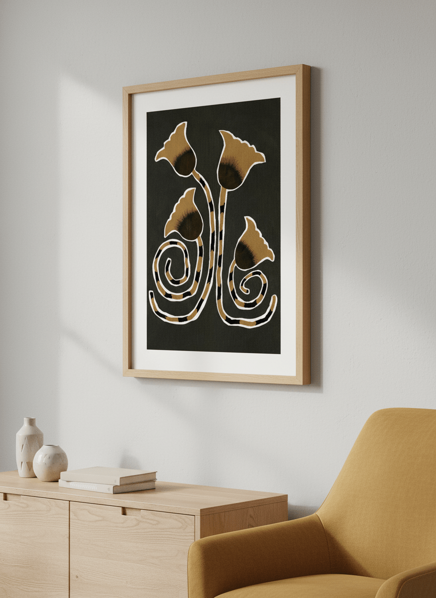 Modern wall art styled above a sofa in a neutral living room
