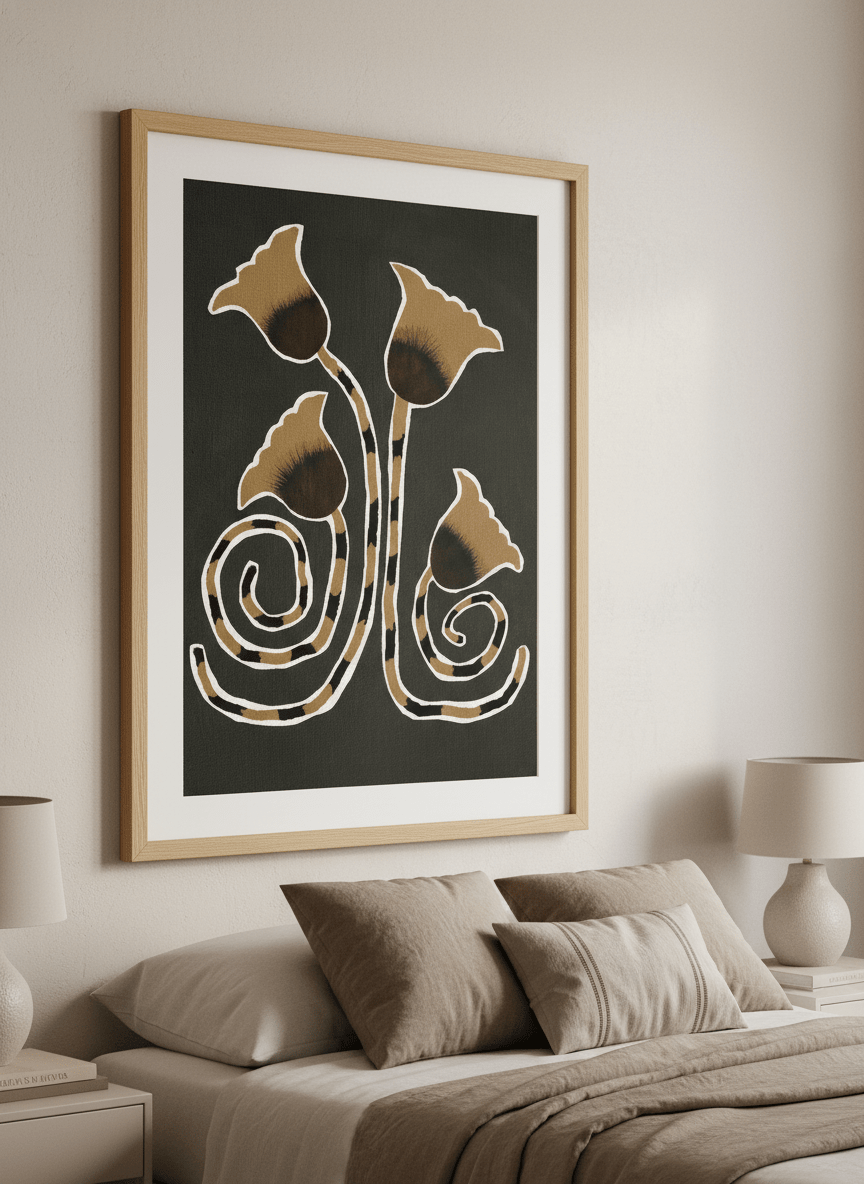 Minimalist artwork displayed in a calm, light-filled bedroom interior
