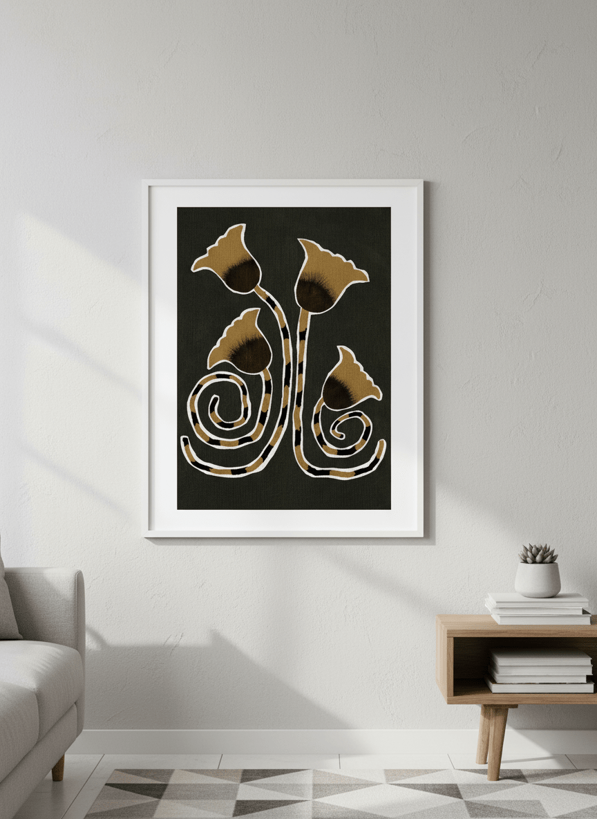 Modern wall art styled above a sofa in a neutral living room