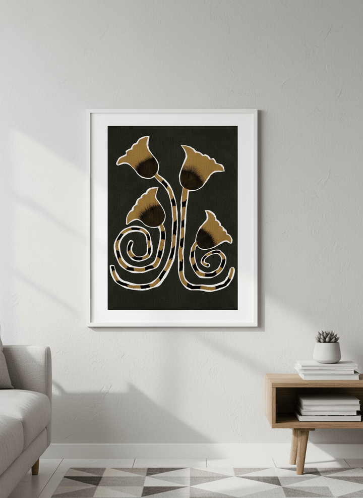 Modern wall art styled above a sofa in a neutral living room