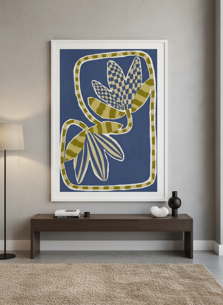Monumental artwork centred on a feature wall in a luxe interior