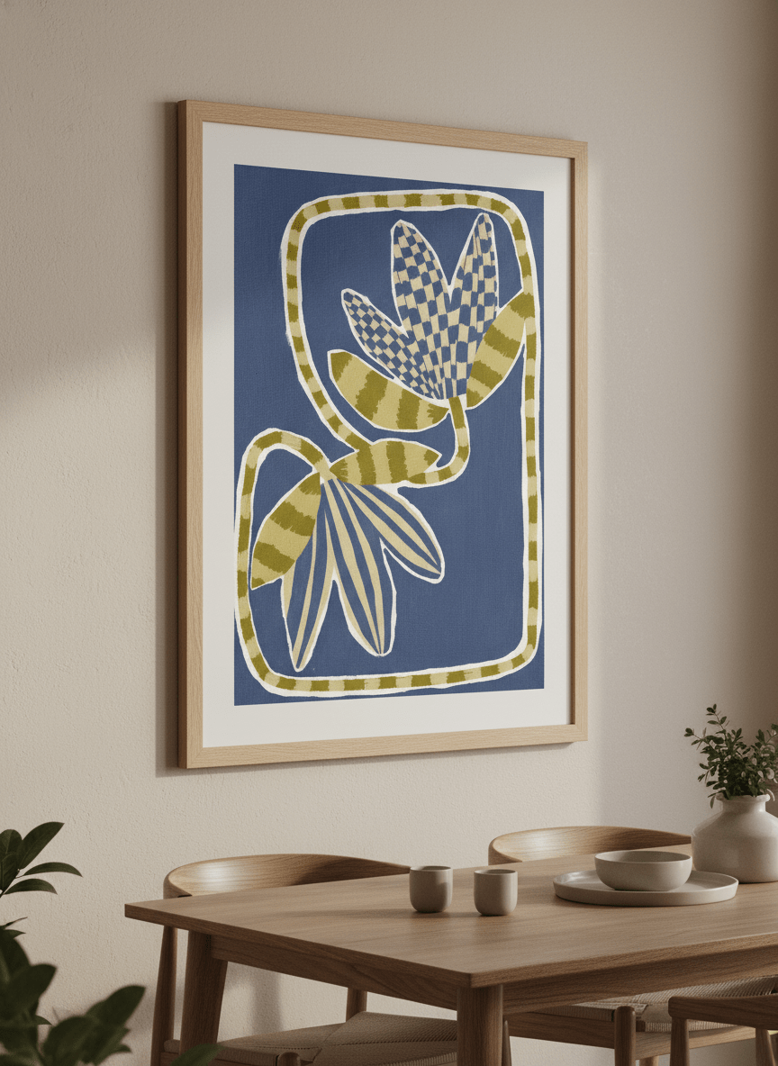 Wall art styled above a dining table in a contemporary home