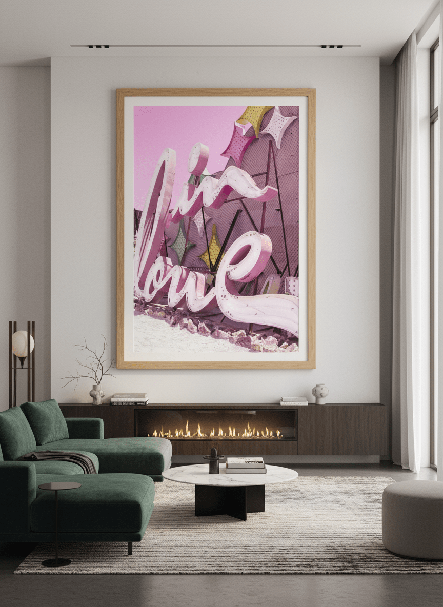 Monumental artwork centred on a feature wall in a luxe interior