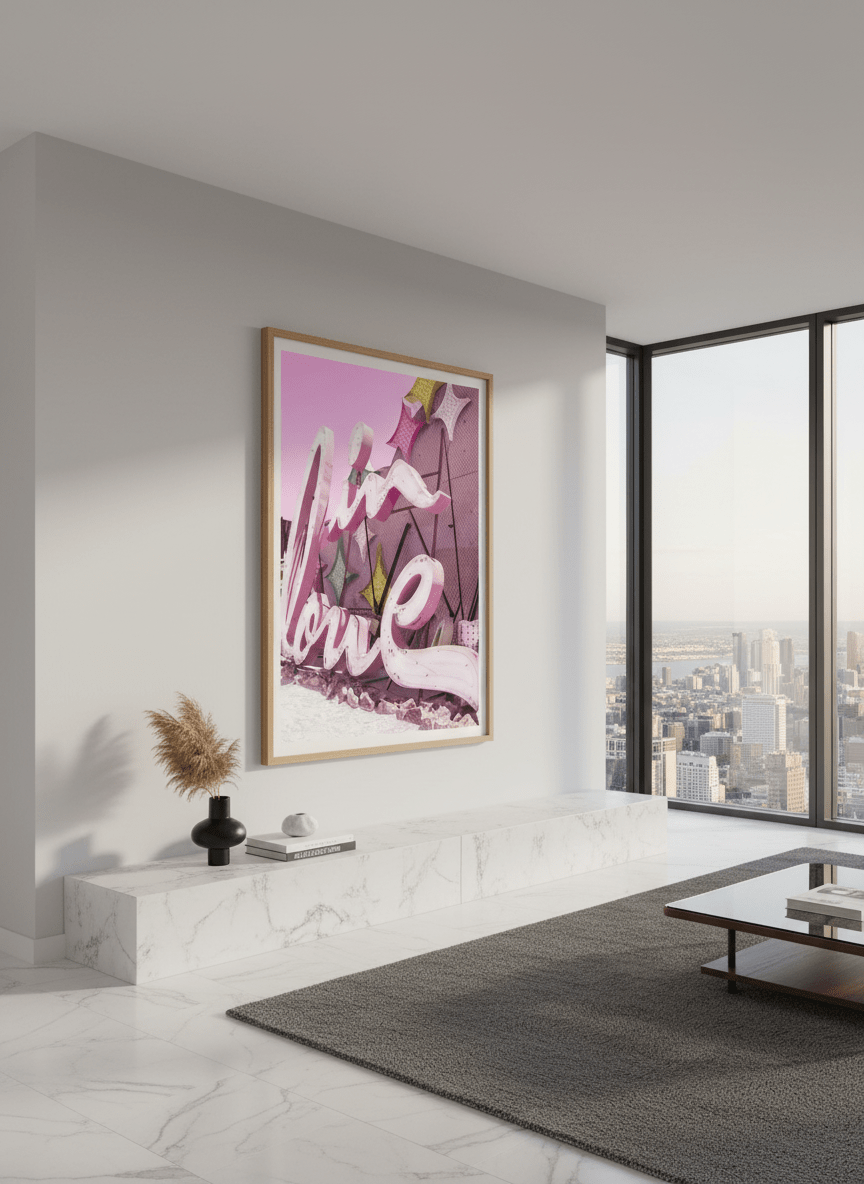 Monumental artwork centred on a feature wall in a luxe interior
