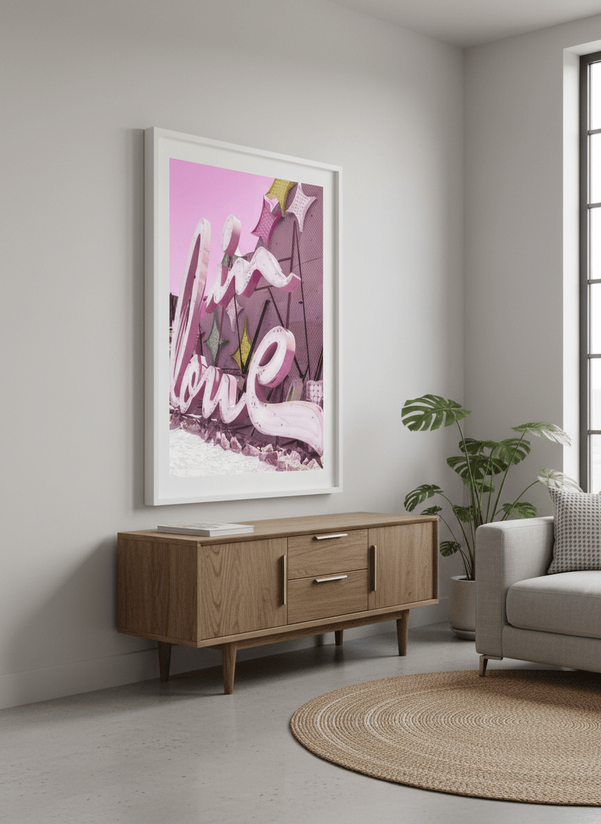 Modern wall art styled above a sofa in a neutral living room
