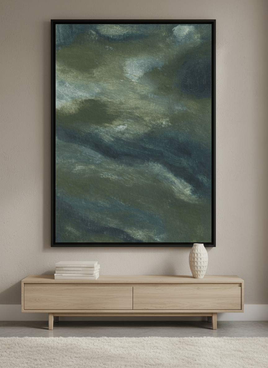Monumental artwork centred on a feature wall in a luxe interior