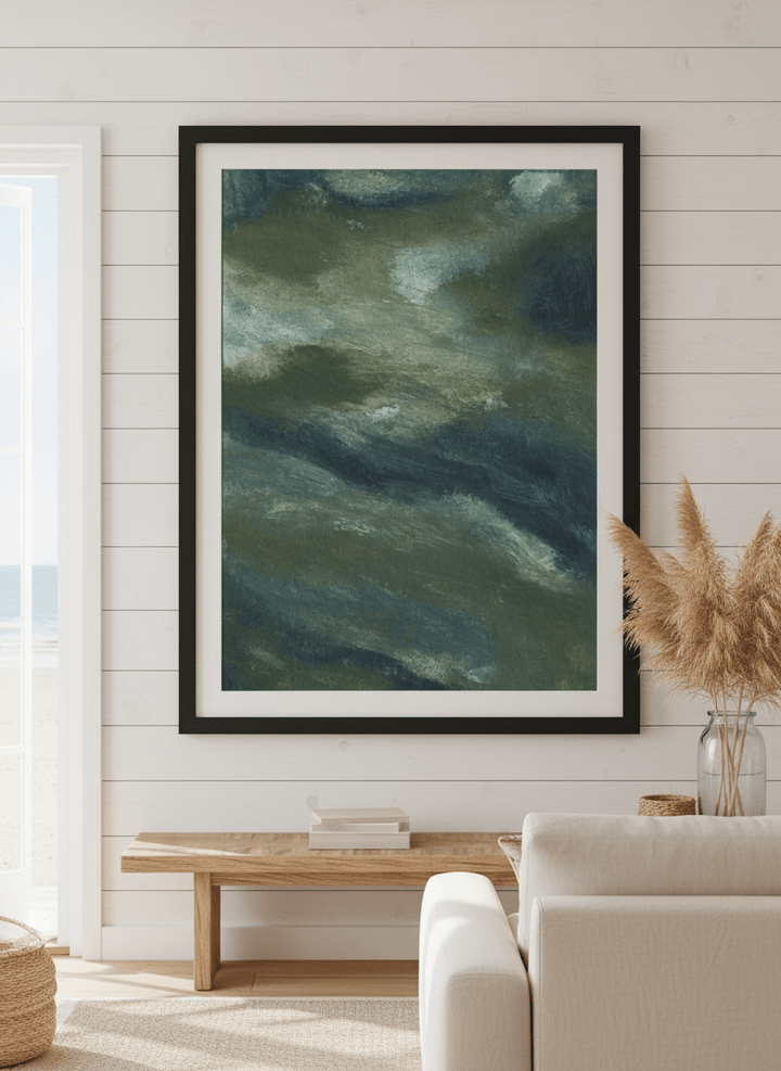 Neutral wall art displayed in a sunny coastal beach house