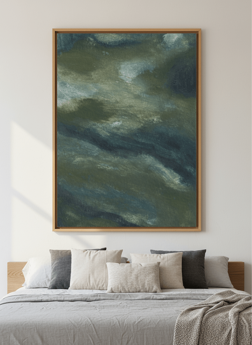 Minimalist artwork displayed in a calm, light-filled bedroom interior