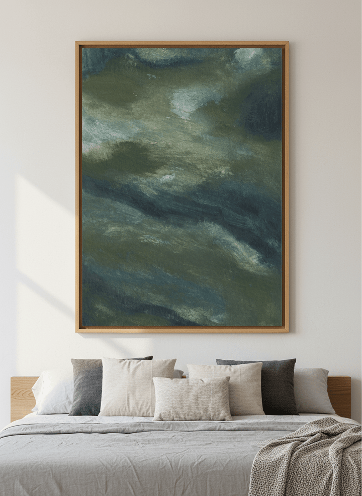 Minimalist artwork displayed in a calm, light-filled bedroom interior