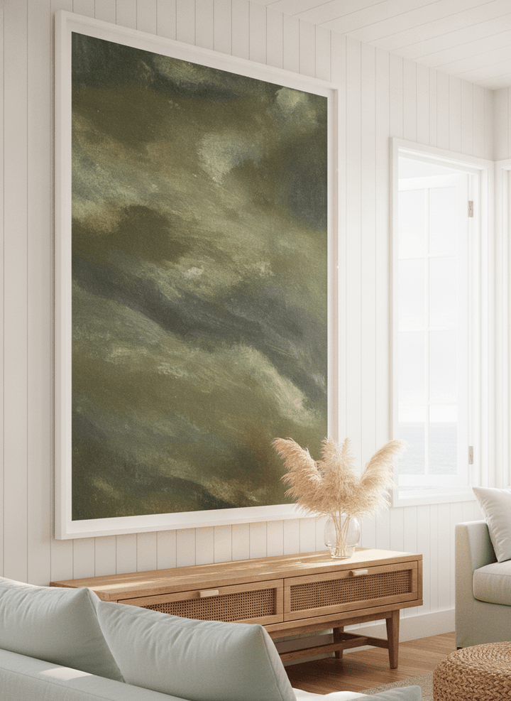 Neutral wall art displayed in a sunny coastal beach house