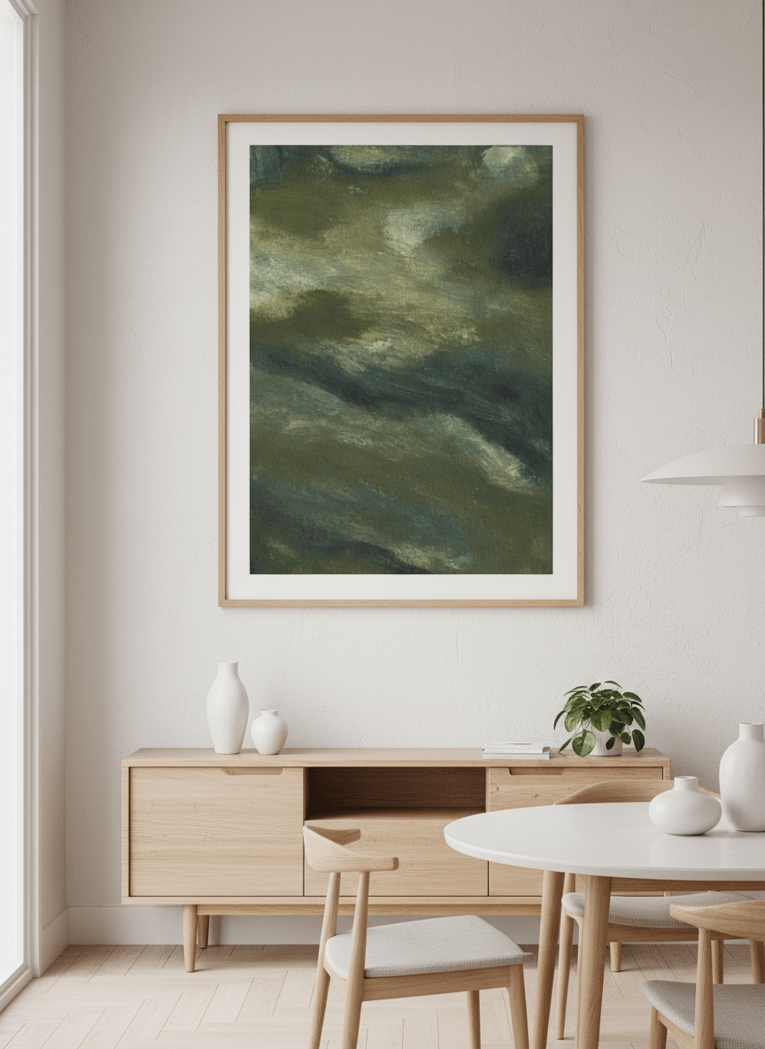 Wall art styled above a dining table in a contemporary home