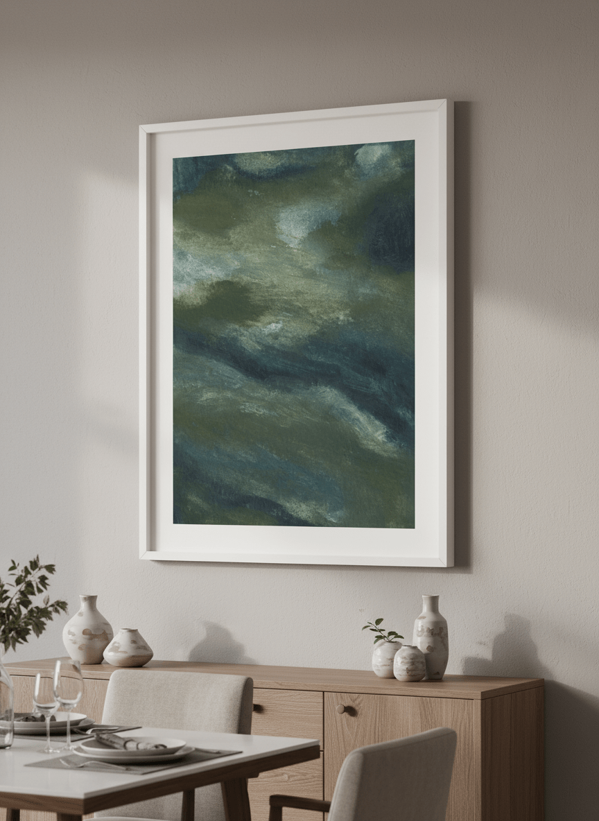 Wall art styled above a dining table in a contemporary home
