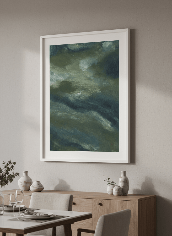 Wall art styled above a dining table in a contemporary home