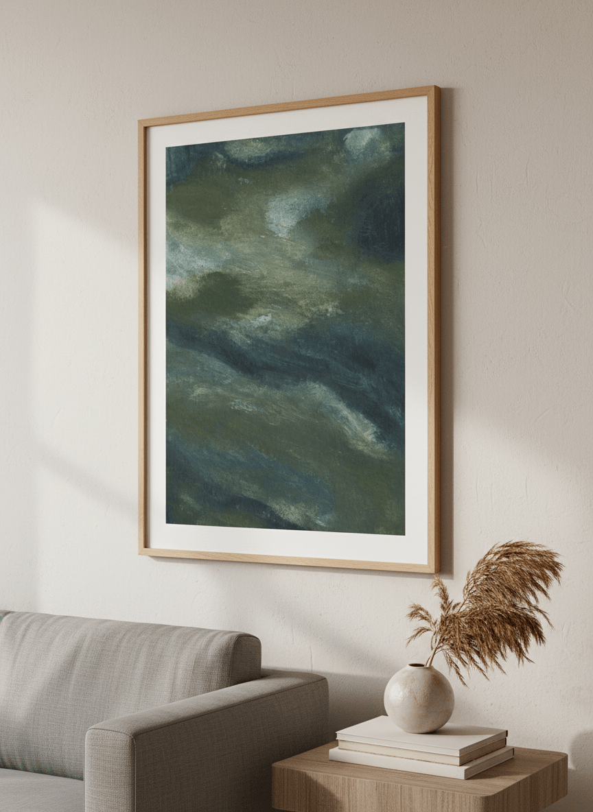 Modern wall art styled above a sofa in a neutral living room