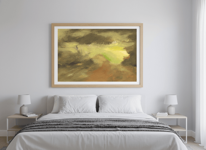 Minimalist artwork displayed in a calm, light-filled bedroom interior