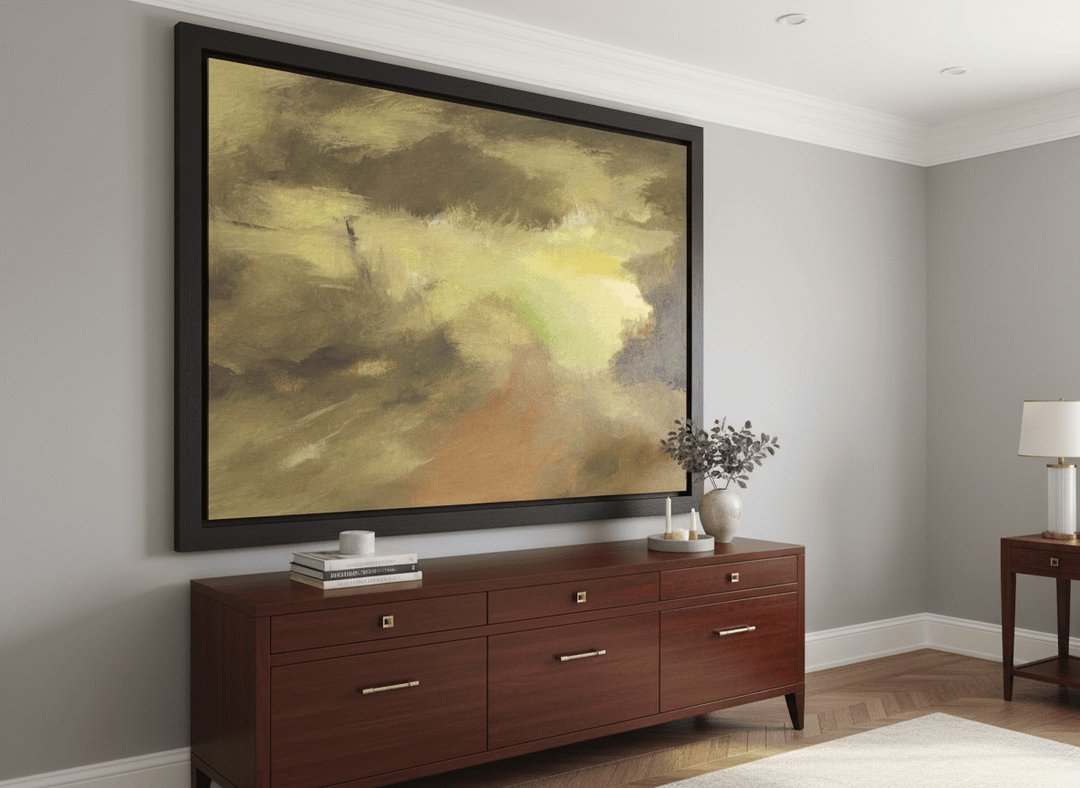Monumental artwork centred on a feature wall in a luxe interior