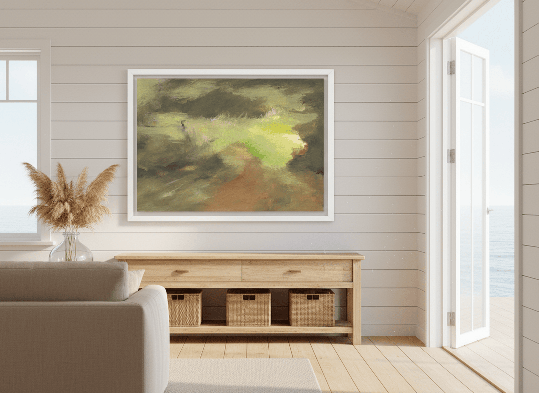 Neutral wall art displayed in a sunny coastal beach house