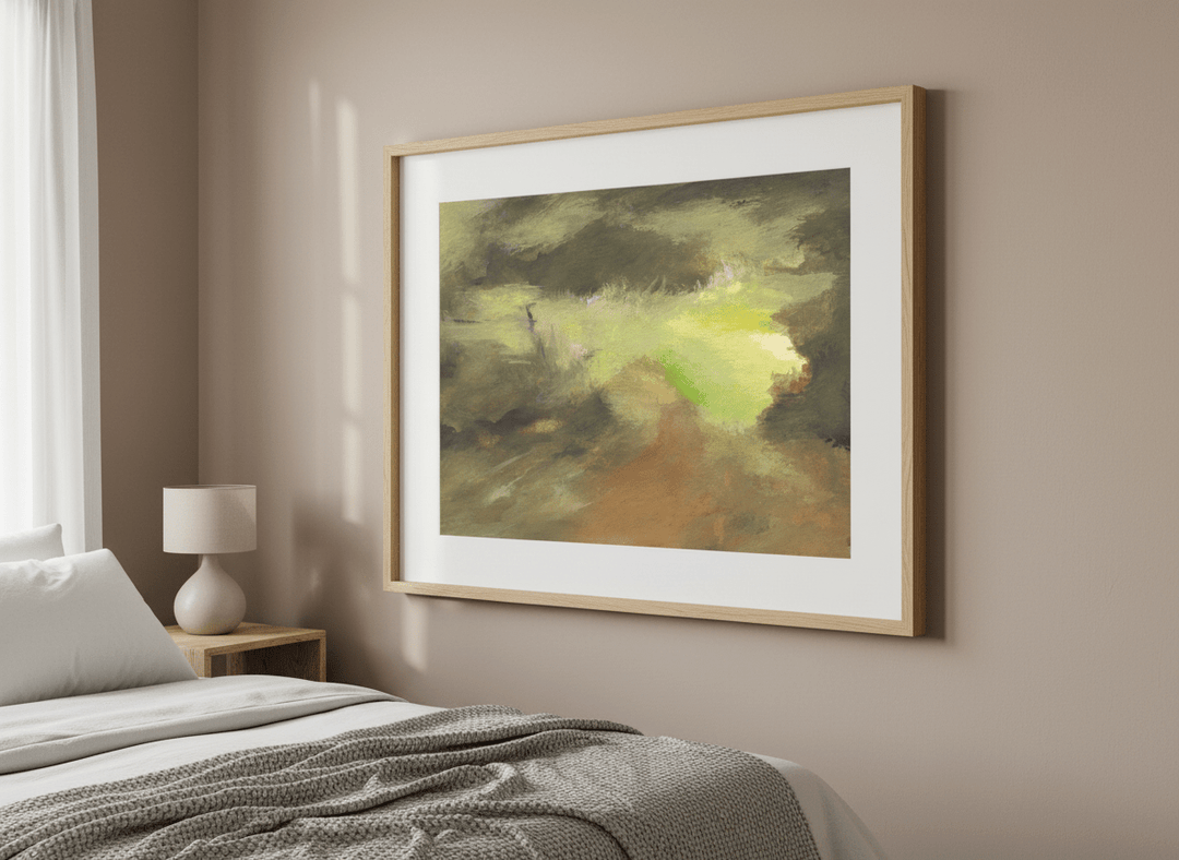 Minimalist artwork displayed in a calm, light-filled bedroom interior
