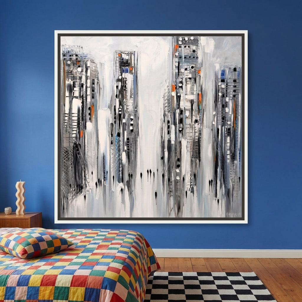 Canvas wall art with a white surround styled on the wall in a colourful eclectic bedroom