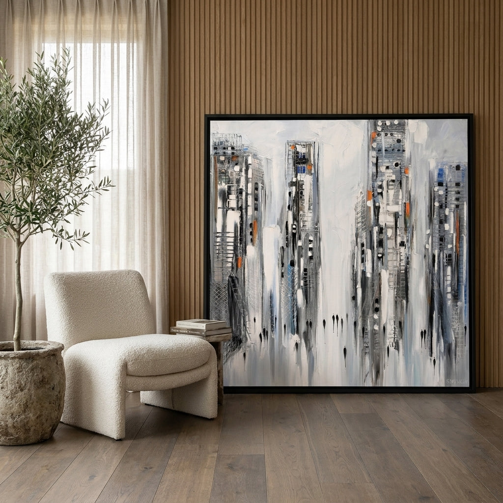 Oversized statement canvas wall art with a black surround leaning against the wall in a luxe bedroom