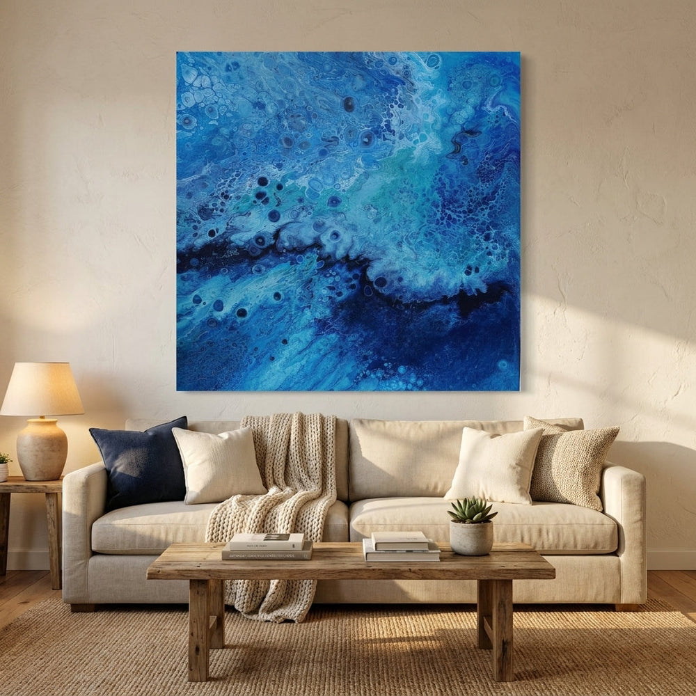 Stretched canvas wall art styled in a neutral living room