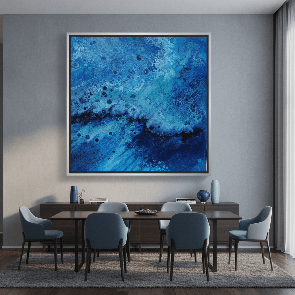 Oversized statement canvas wall art with a silver leaf surround styled in a luxe interior