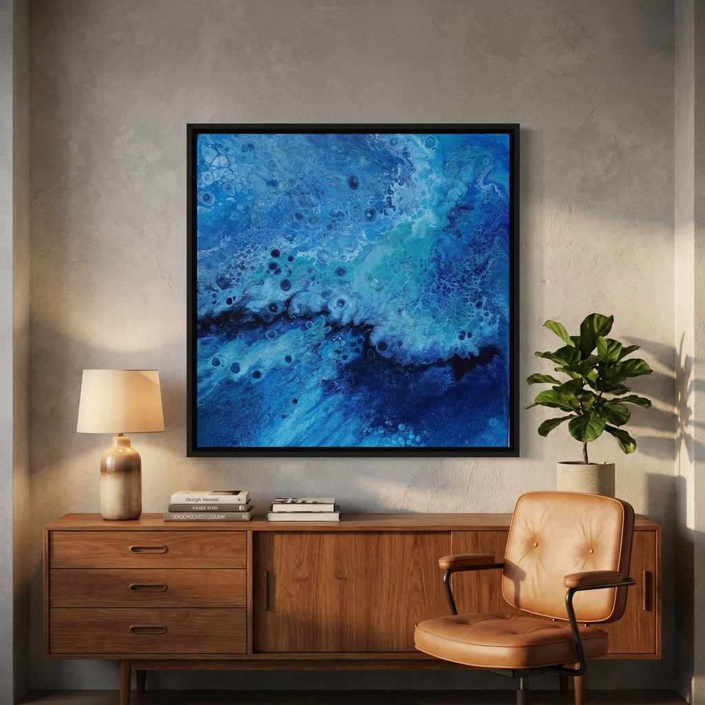 Canvas wall art with a black surround styled in a bright modern office