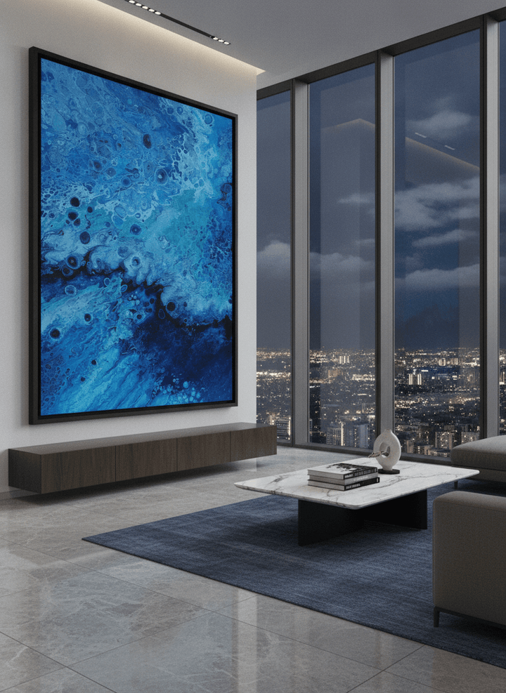 Monumental artwork centred on a feature wall in a luxe interior