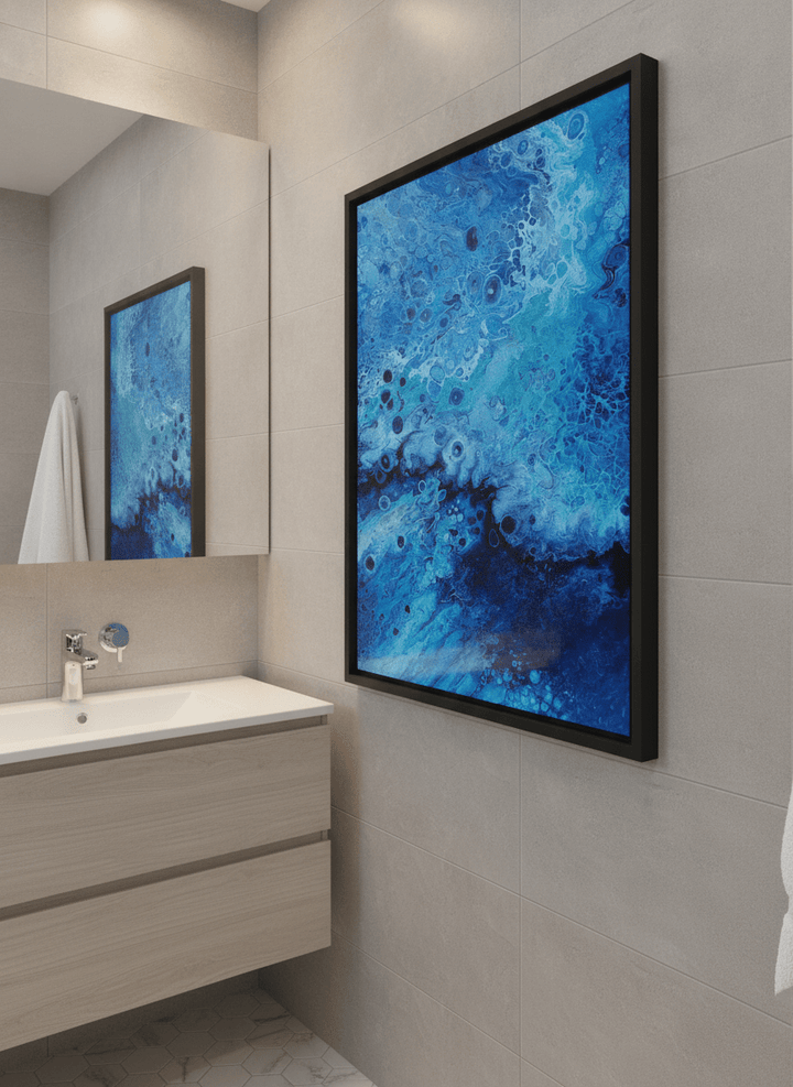 Modern print displayed in a clean minimalist bathroom setting