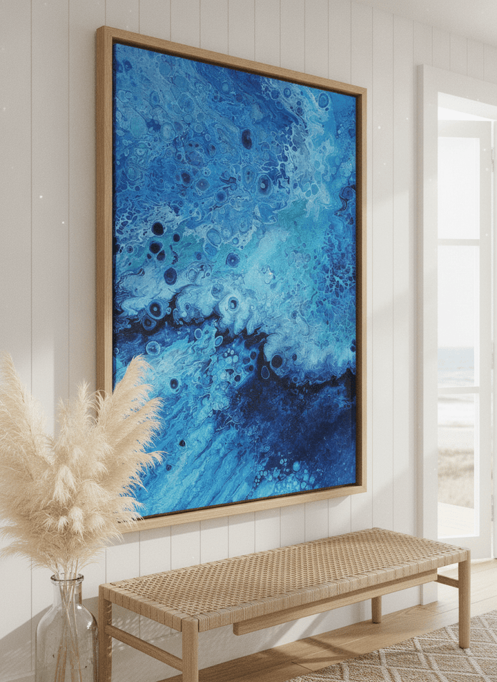Neutral wall art displayed in a sunny coastal beach house