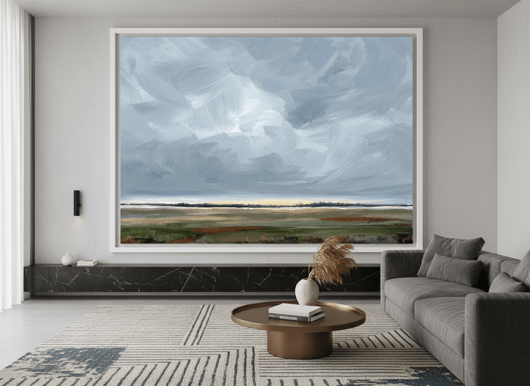 Monumental artwork centred on a feature wall in a luxe interior