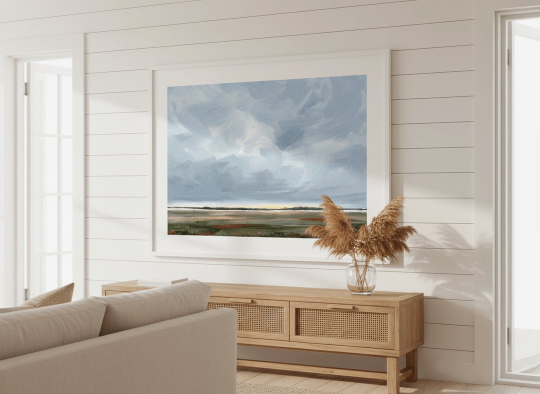 Neutral wall art displayed in a sunny coastal beach house