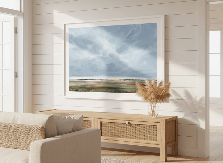 Neutral wall art displayed in a sunny coastal beach house