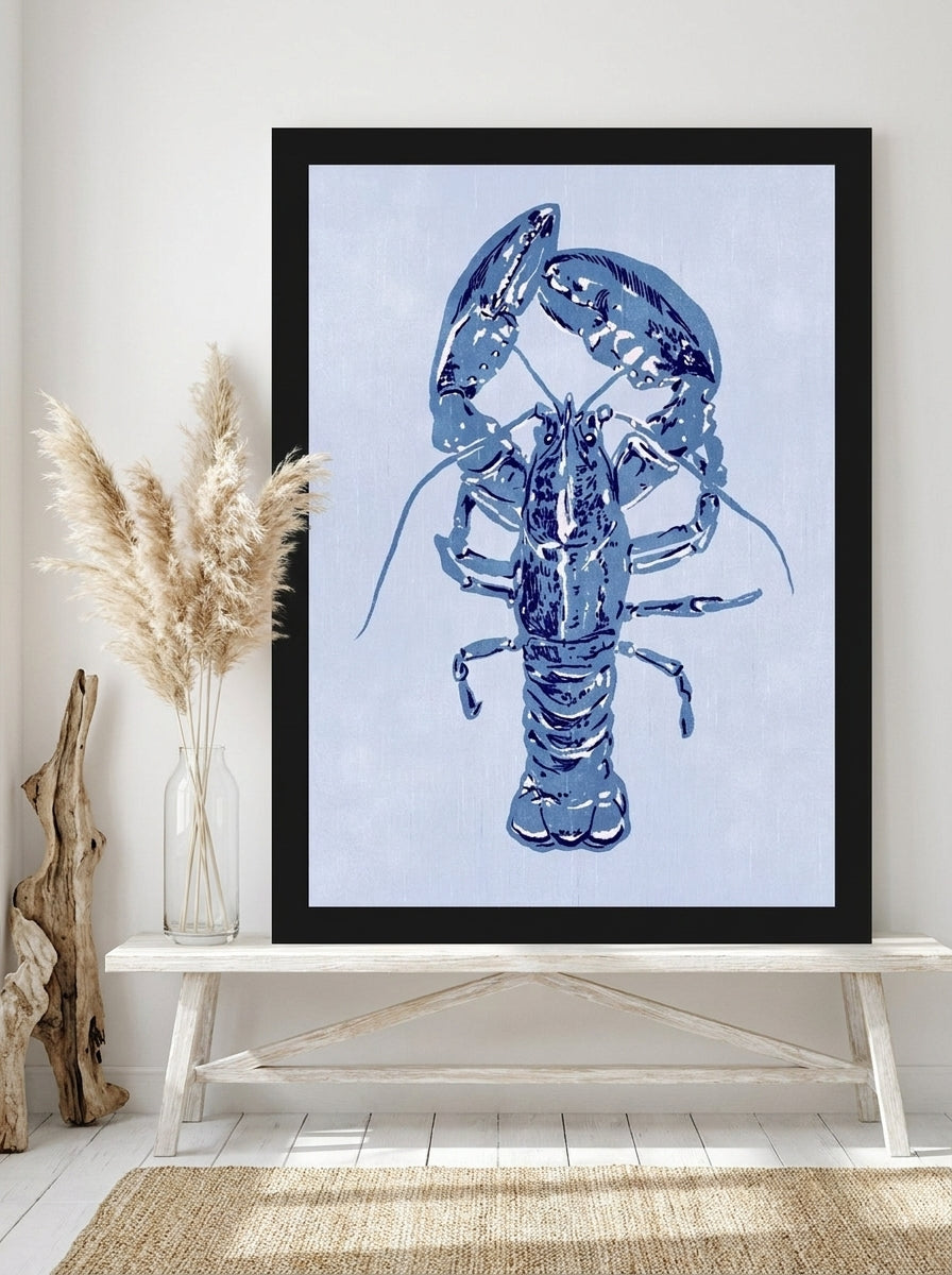 Modern wall art print standing on a console in a coastal living room