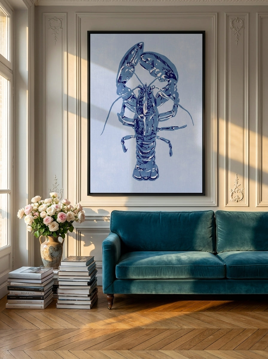 Oversized statement canvas wall art with a black surround styled on the wall in a Parisian living room