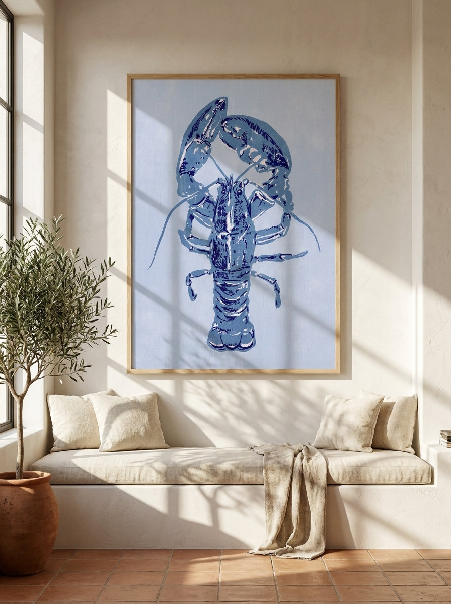 Oversized statement modern wall art print styled on the wall in a Mediterranean living room